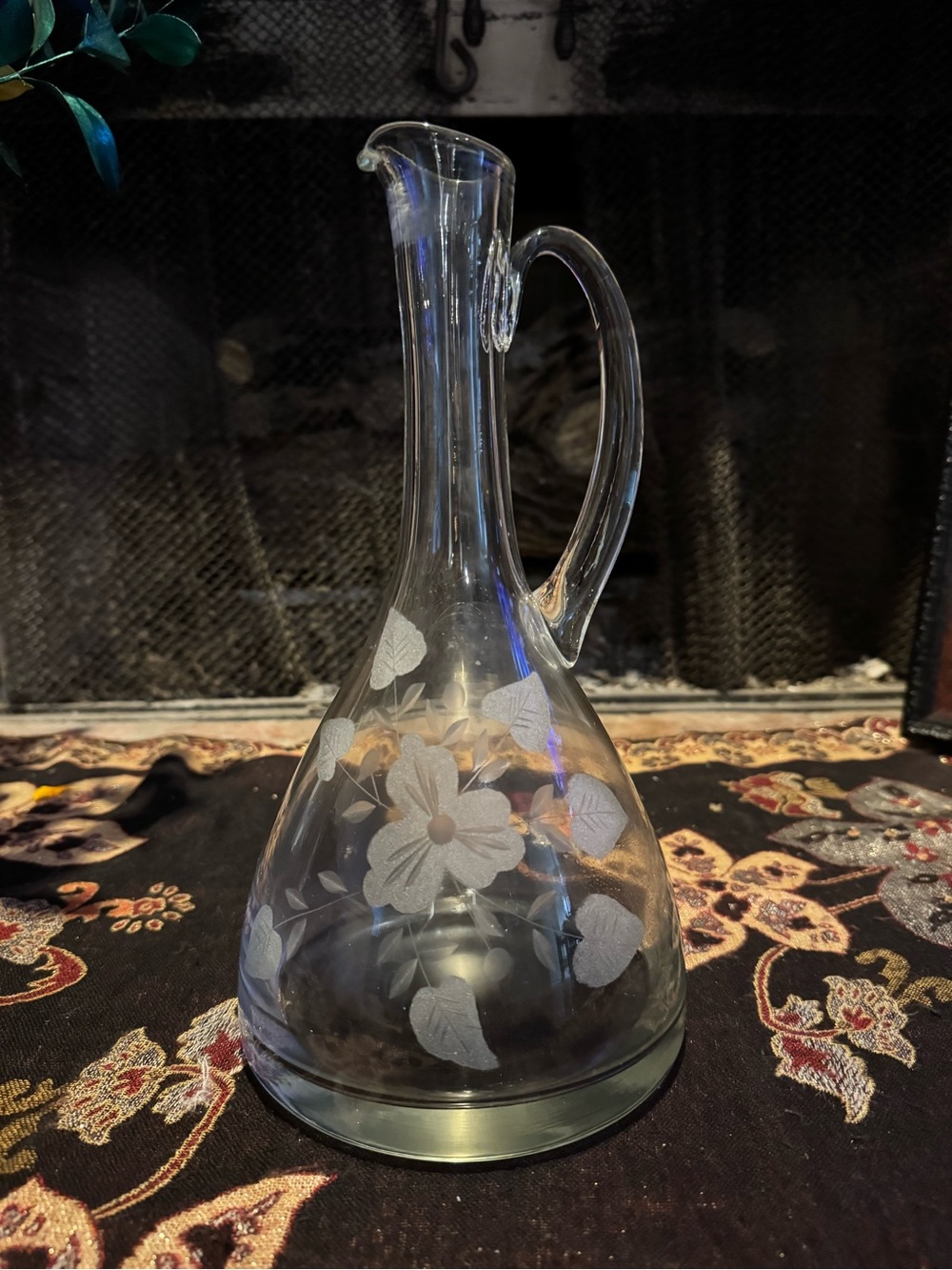 Clear Etched Glass Carafe with Floral Design - Clear
